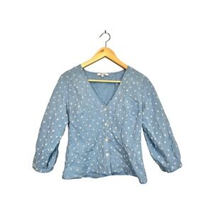 Madewell Blue Polka Dot Cotton Puff Sleeve Peplum Button Front Top L1607 Size 2
